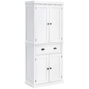 Freestanding Kitchen Cupboard, 184cm Tall Storage Cabinet With Doors And Shelves, Traditional Colonial 4-Door Kitchen Pantry Cupboard With Drawer, White