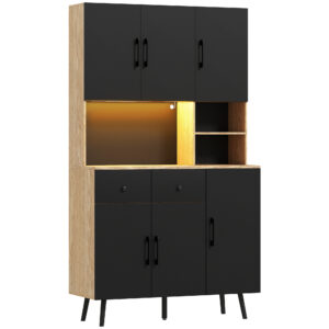 176 Cm Kitchen Cupboard With LED Lights - Oak And Black